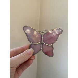 Handcrafted Stained Glass Pink Butterfly Hanger 3.5"x4.5"  Window Or Wall Decor